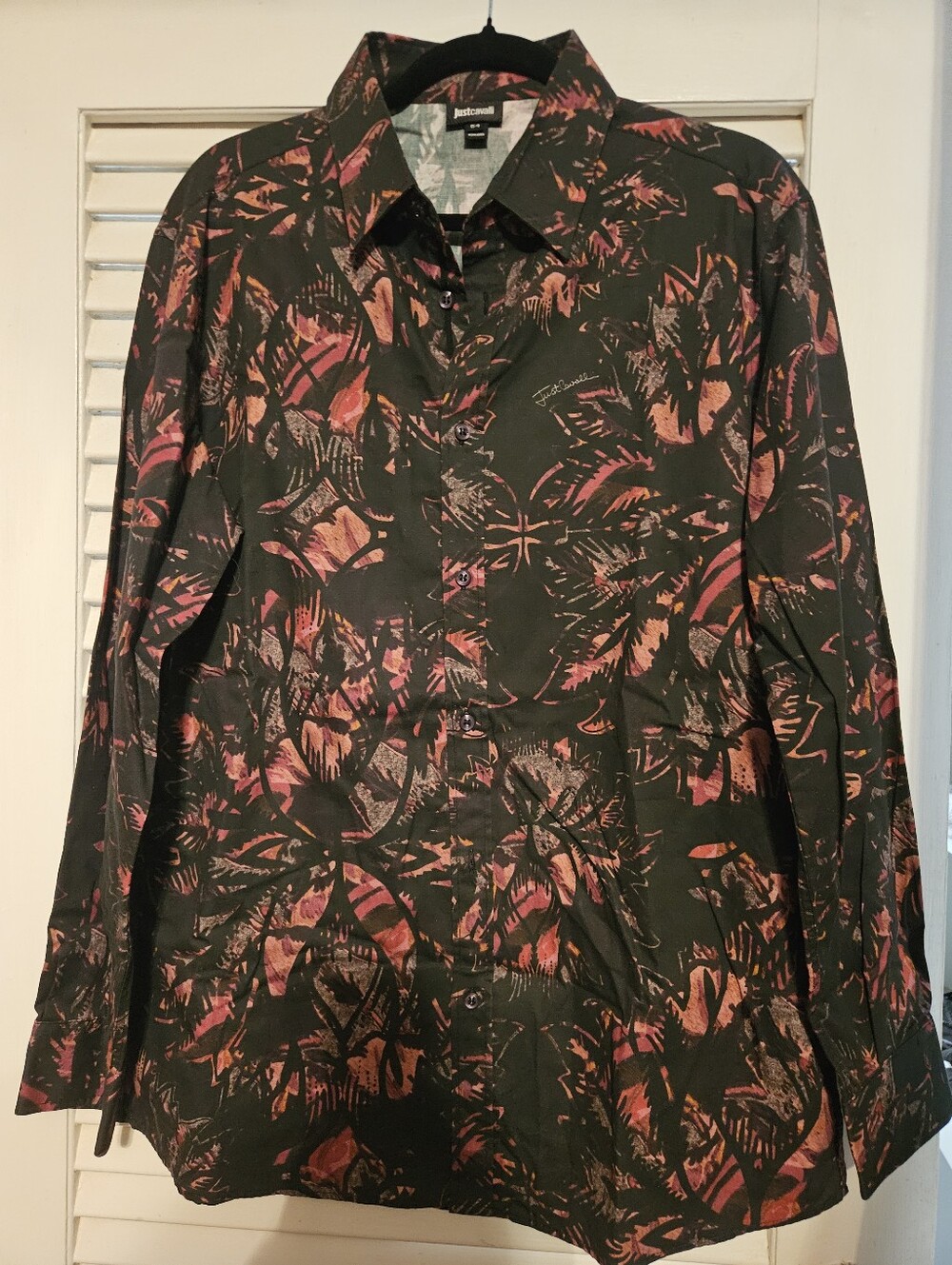 Just Cavalli Black Button-Up Shirt with Red Floral Print